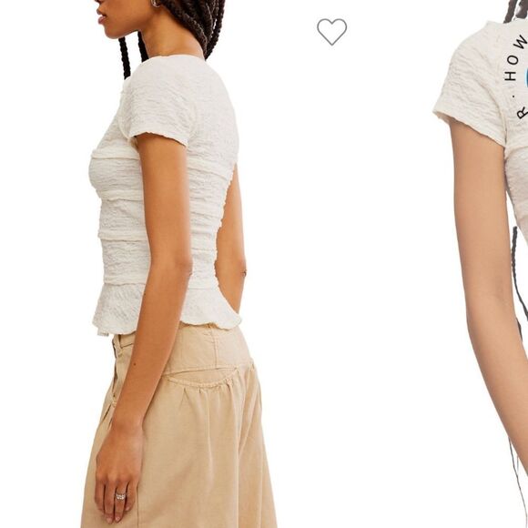 Free People “Krystal Tee in Ivory” textured V-neck crop top w cap sleeves sz Lg - Picture 14 of 14